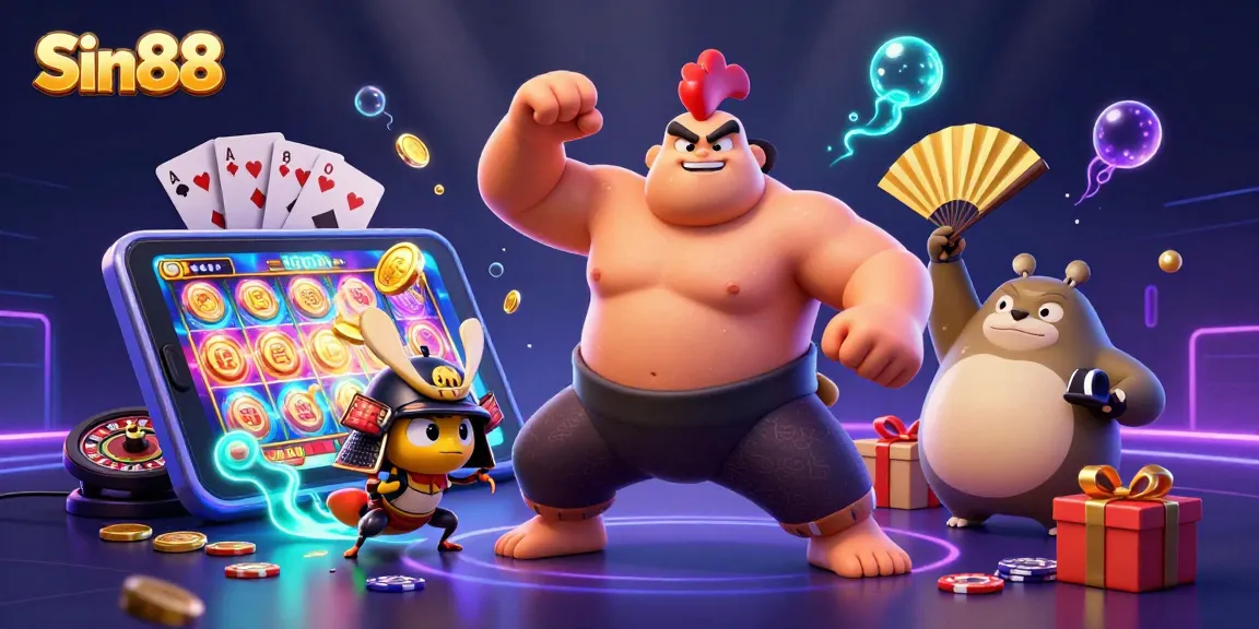 Engage with Sin88’s thrilling casino atmosphere featuring colorful slot games and lively characters.