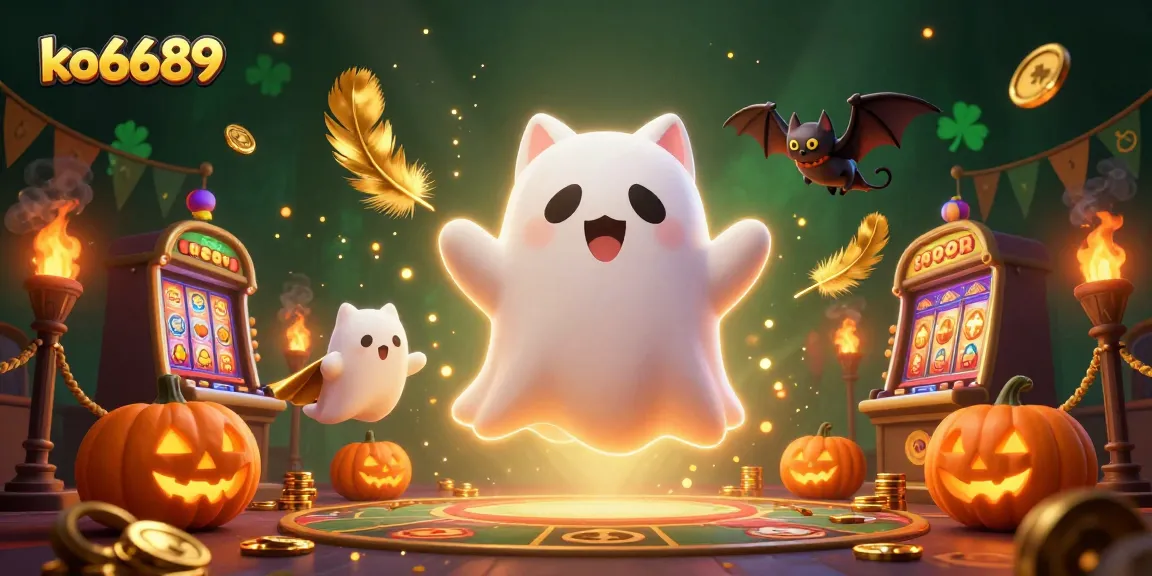 Play exciting casino games at ko6689 with a playful ghost cat and vibrant casino elements highlighting the fun experience.