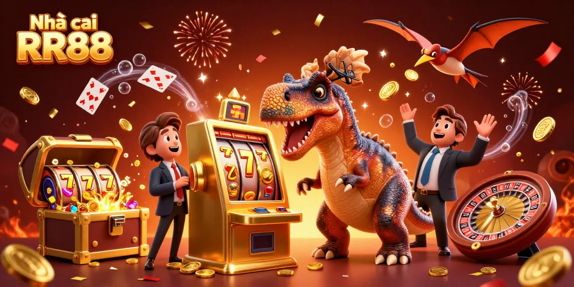 Exciting scene depicting Nhà cái RR88 with cartoon dinosaurs at a slot machine, coins flying and celebration effects.