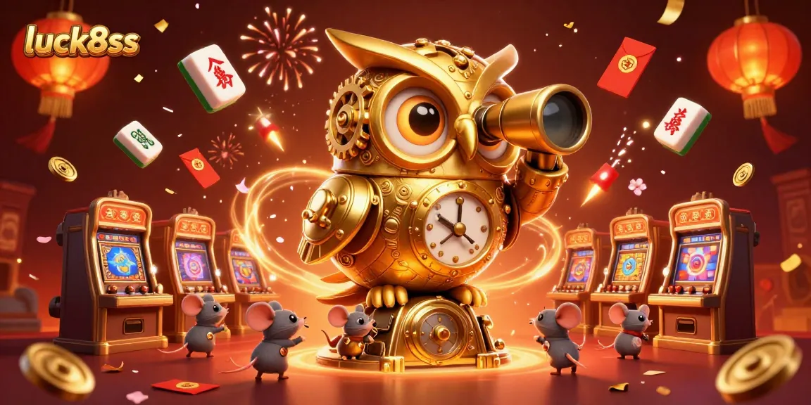 Experience luck8ss with a vibrant casino atmosphere featuring a golden owl overseeing game excitement.
