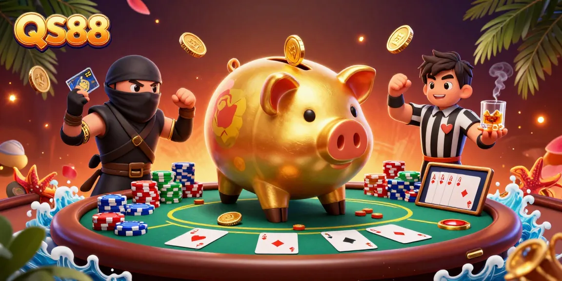 Experience the thrill of gambling with QS88's vibrant casino scene featuring energetic characters and dynamic elements.