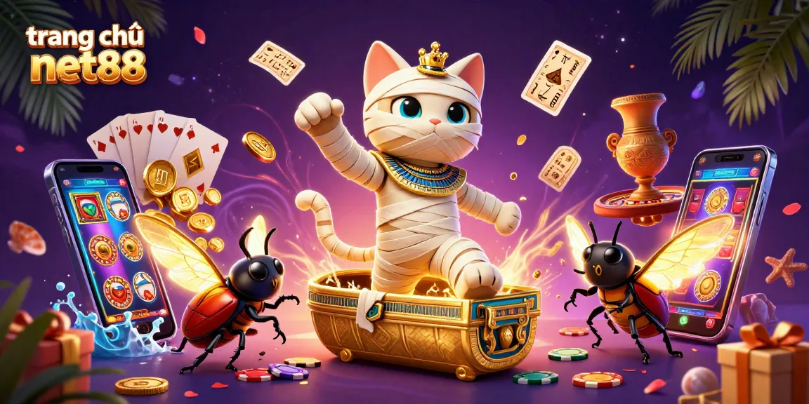 Experience the excitement at trang chủ net88 with a vibrant pyramid casino scene featuring a mummy cat and epic game elements.