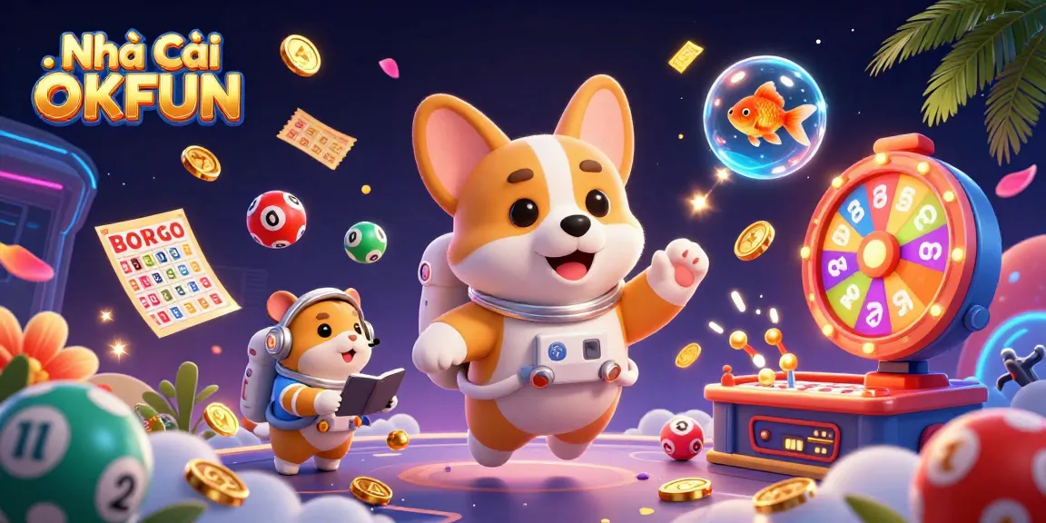 Experience thrilling gameplay at Nhà cái OKFUN with vivid lottery elements and 3D characters in an exciting casino scene.