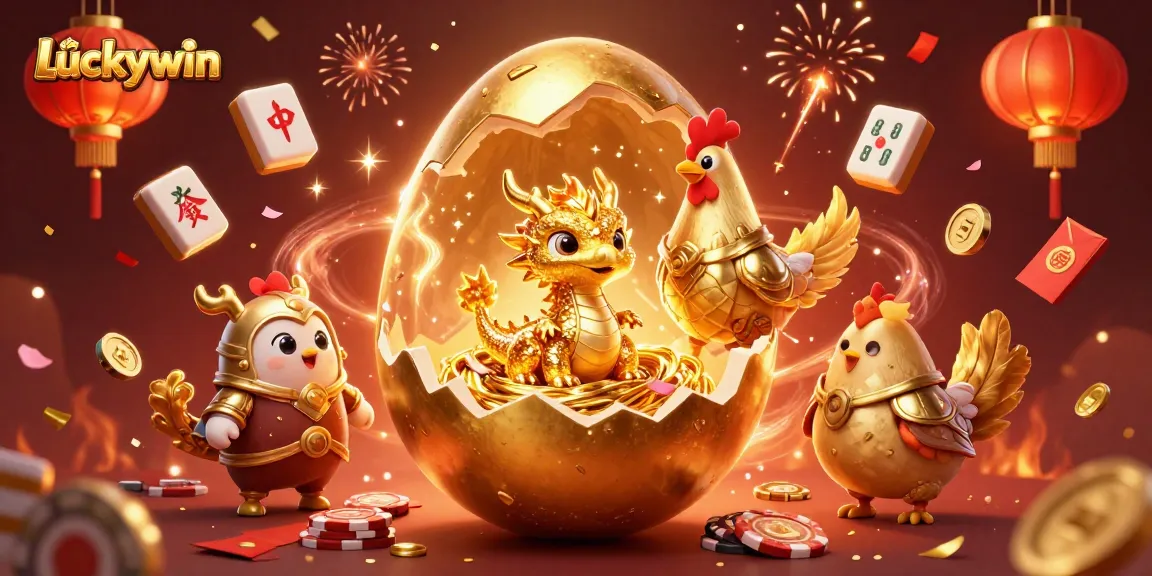 Experience excitement at Luckywin with a golden dragon amongst gaming symbols.