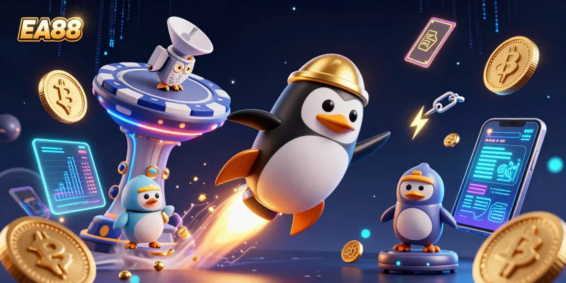 Experience the excitement of EA88 with a dynamic 3D casino-themed illustration featuring a rocket-powered penguin.