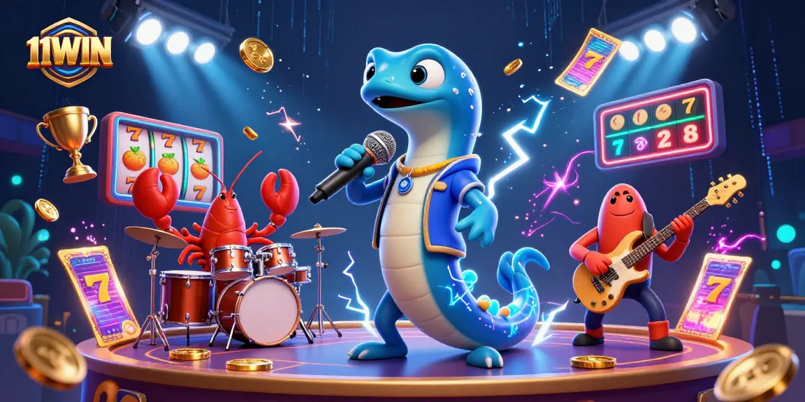 Experience thrilling wins with 11WIN in this vibrant underwater casino illustration featuring dynamic characters.