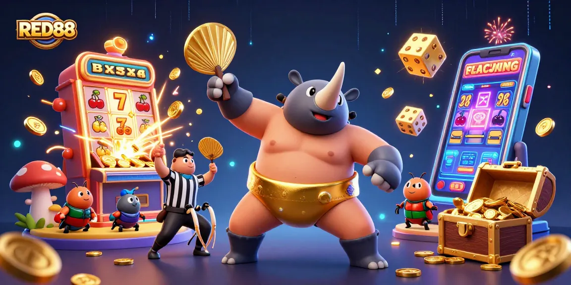Watch RED88 explode with excitement as a beetle champion sends coins flying in this vibrant casino scene.