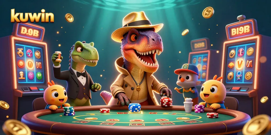 Kuwin animated velociraptor engaging in blackjack while a stegosaurus supervises, showcasing the excitement of casino games.