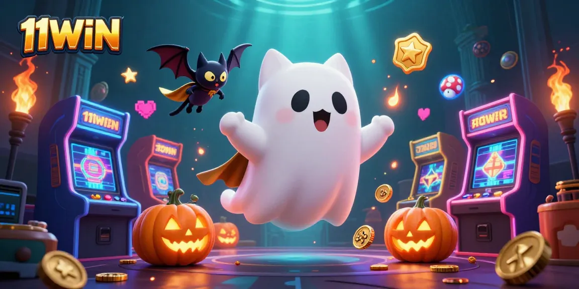 Win big on 11WIN with an enticing scene of a ghost cat and casino elements glowing brightly.