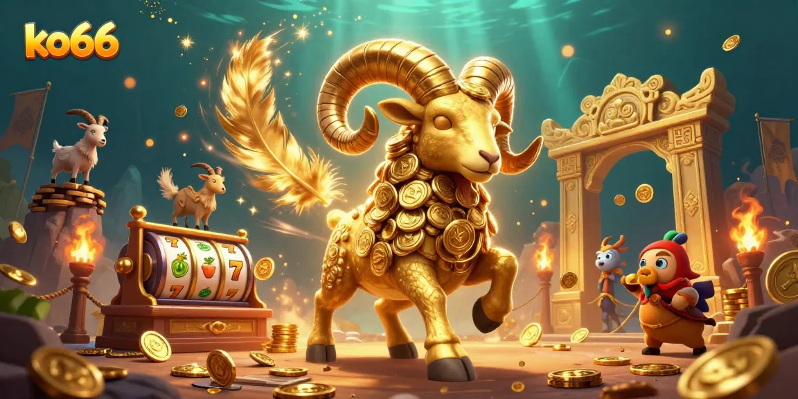 Engage in thrilling slots action with ko66's epic golden ram at a dynamic casino scene.