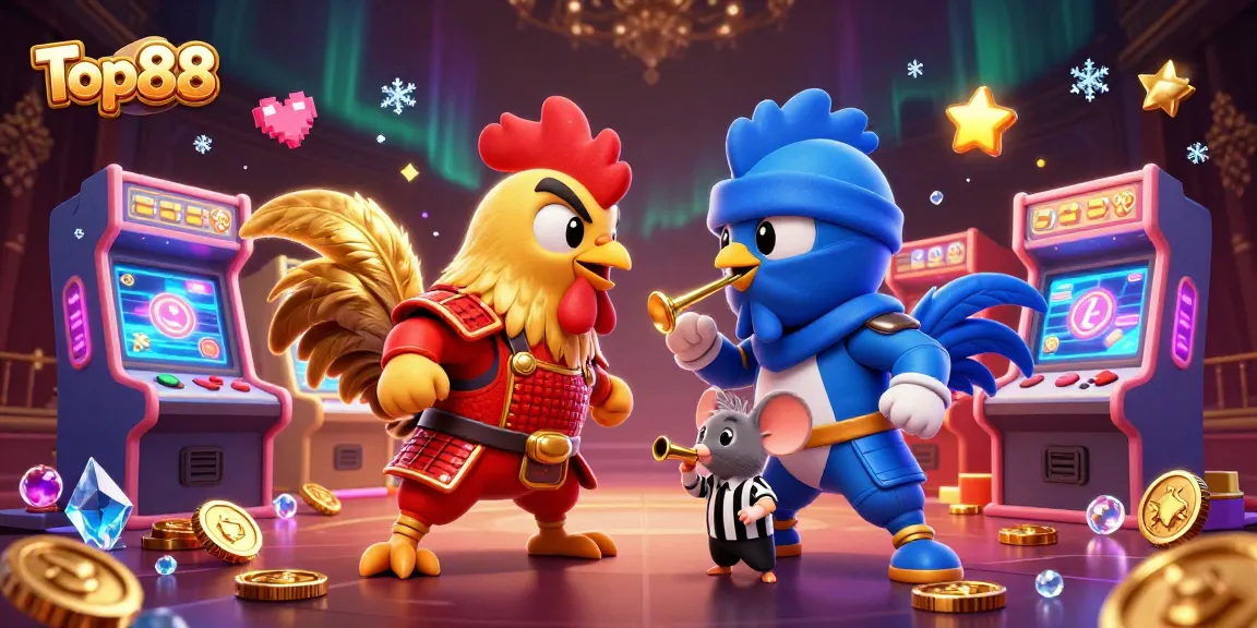 Top88 animated roosters battle amidst vibrant casino-themed elements and gaming machines.