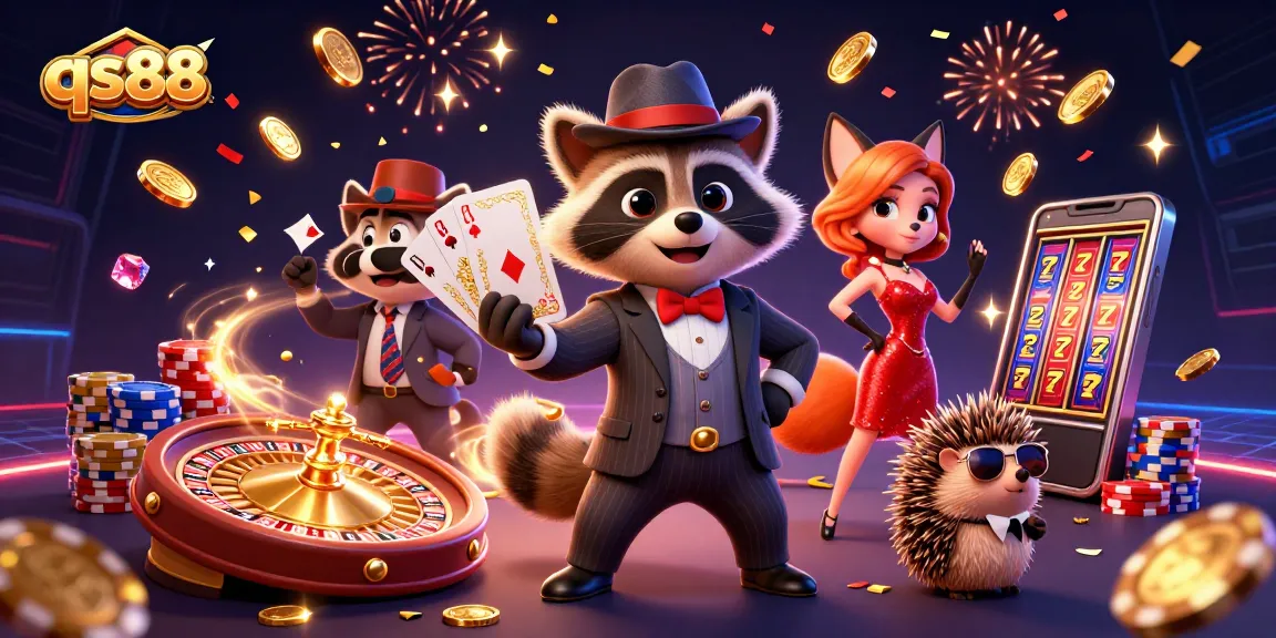 Experience the excitement at qs88 with a raccoon, fox, and hedgehog celebrating a winning hand.