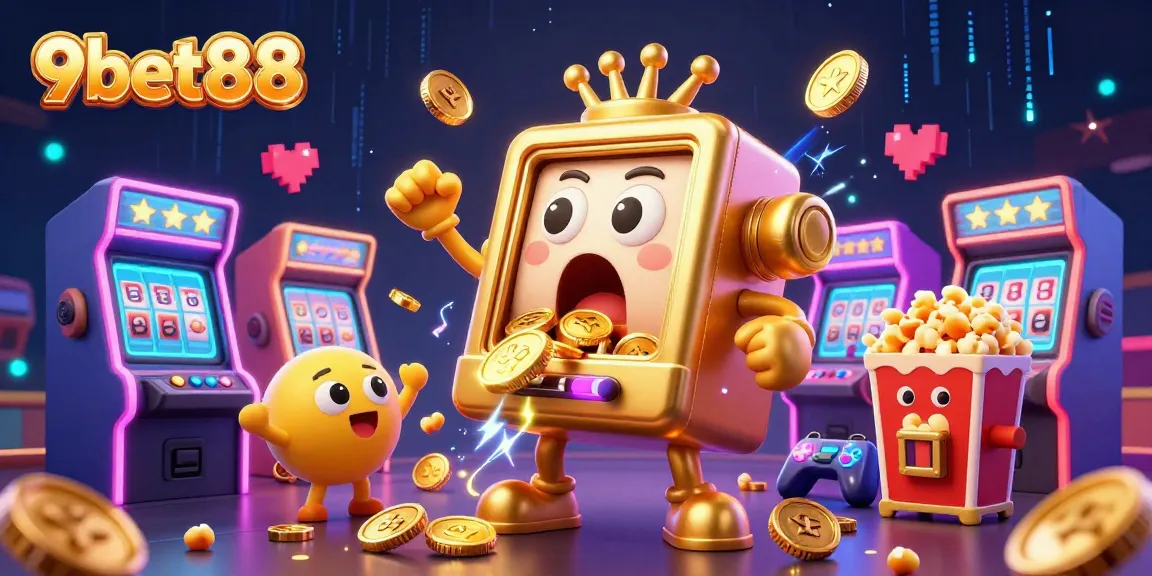 Experience excitement with 9bet88 as the golden slot machine celebrates a jackpot surrounded by cheering machines.