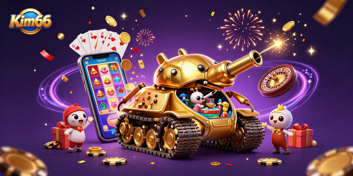 Experience exciting gameplay at Kim66 with a vibrant, miniature casino scene featuring games and winning elements.