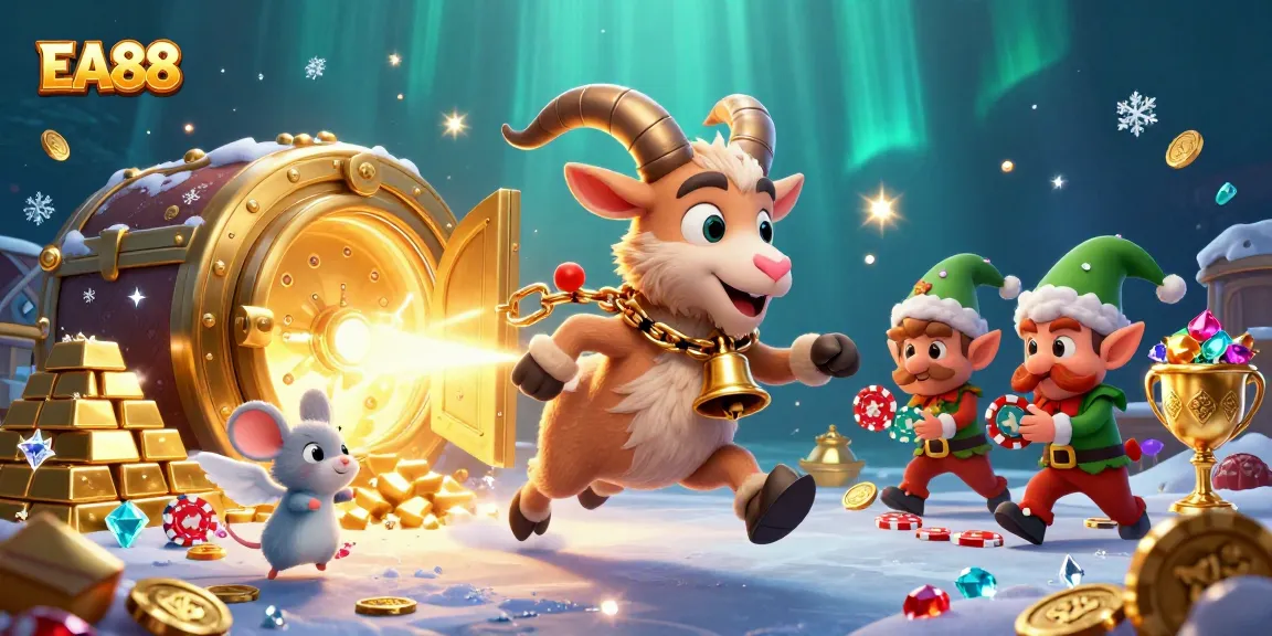 Experience the thrill of EA88 casino action with festive characters amidst dazzling treasures.