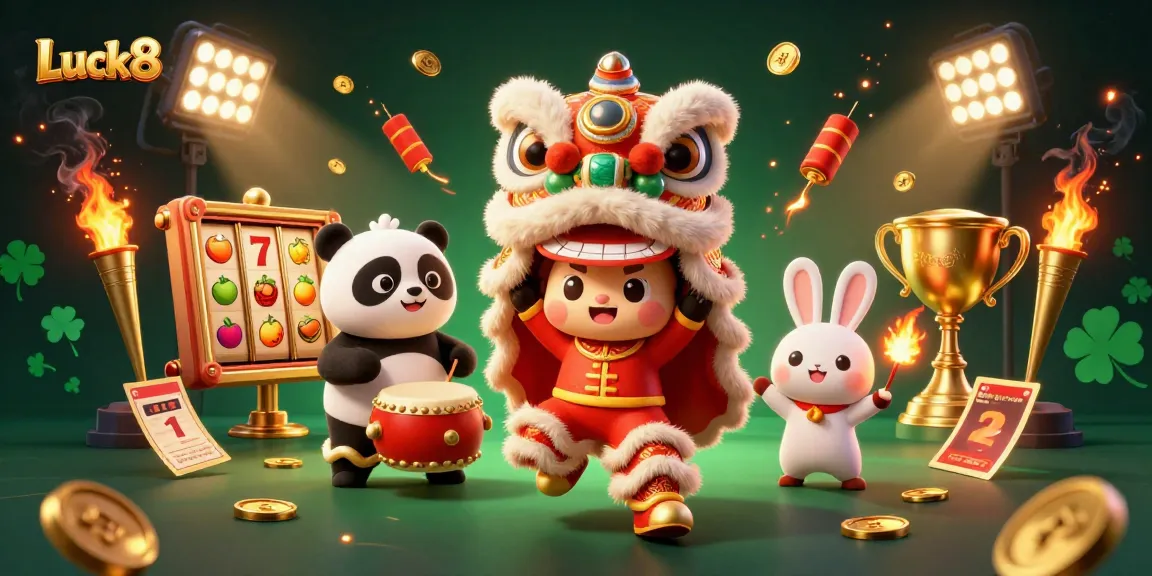 Engage with the excitement of Luck8's vibrant casino atmosphere featuring lively characters, slot games, and festive decorations.