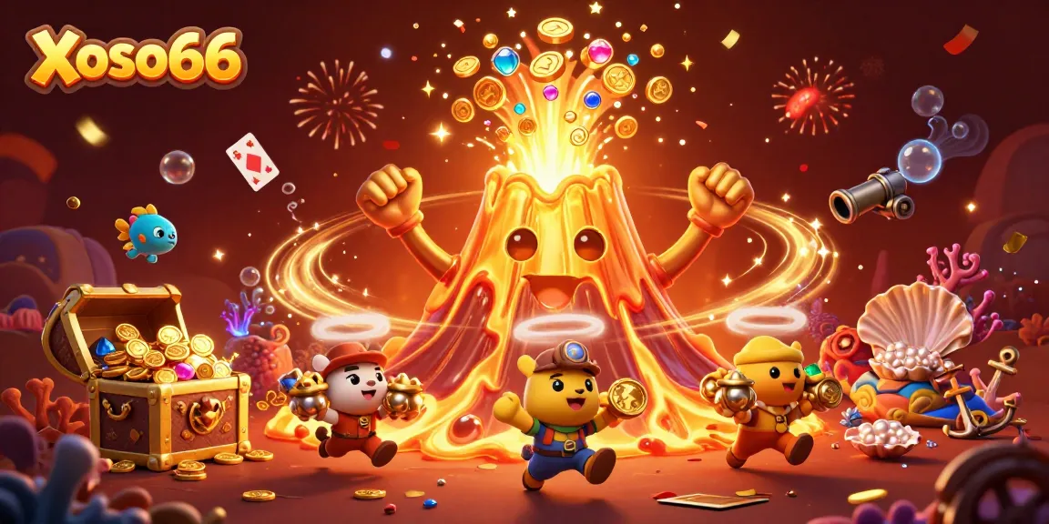 Xoso66 enchants players with a thrilling cartoon scene of a volcano erupting treasure in a vibrant casino dashboard.