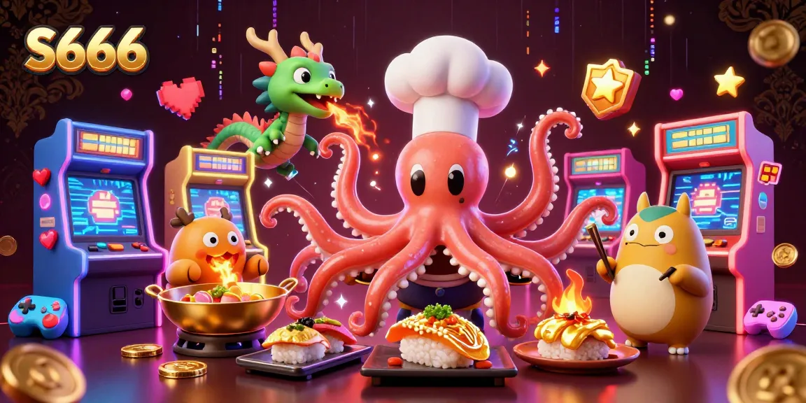 S666 transforms the gaming experience with a vibrant 3D illustration showing a spirited sushi chef octopus, fiery dragon, and eager gambler in a colorful casino scene.
