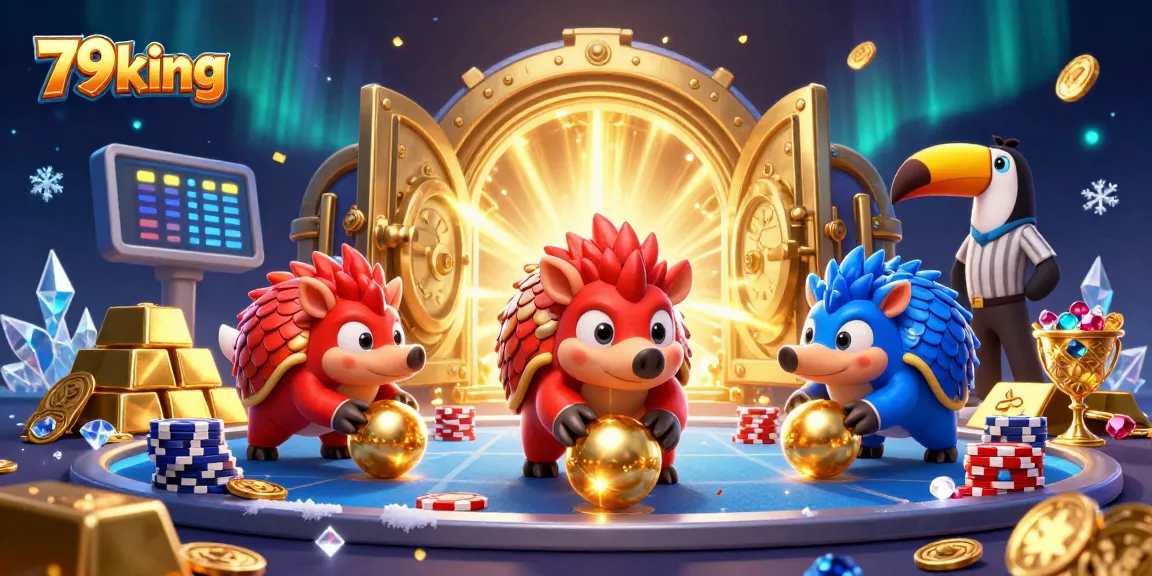 Engage in thrilling gameplay at 79king as you witness rival pangolins bowling through poker chips in a vibrant casino scene.