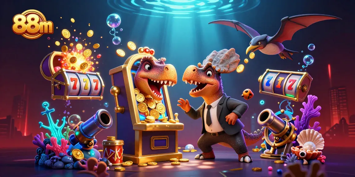 Catch the action at 88m with a pachycephalosaurus hitting a slot machine and coins flying.