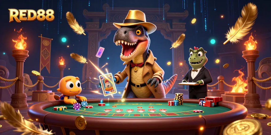 Experience the thrill with RED88: Cartoon velociraptor counter at blackjack table amid flashy casino elements.