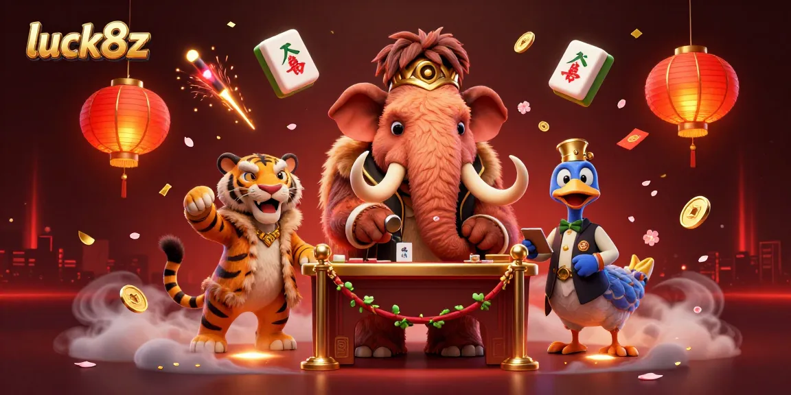 Experience the thrilling world of luck8z with a vibrant 3D casino scene featuring casino characters and festive elements.