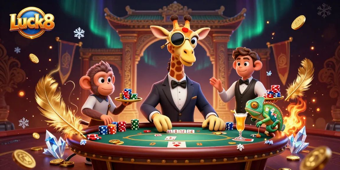 Luck8 brings the excitement of high-stakes poker with a giraffe in a suit, a monkey valet, and colorful casino elements.