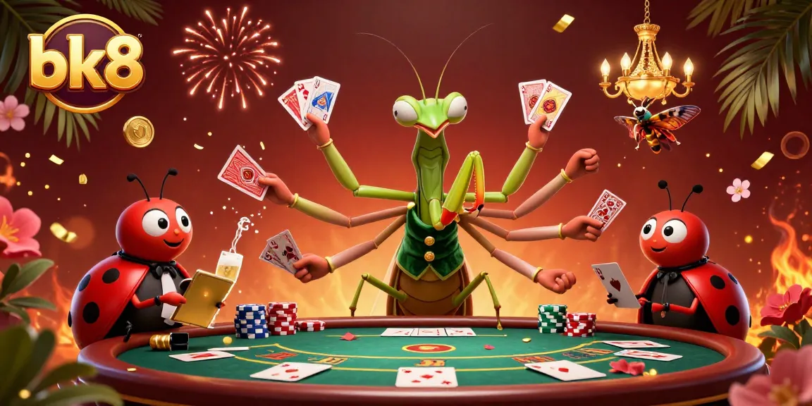Engage in thrilling gameplay with bk8's vibrant casino-themed illustration featuring a mantis card sharp and ladybug pit boss.
