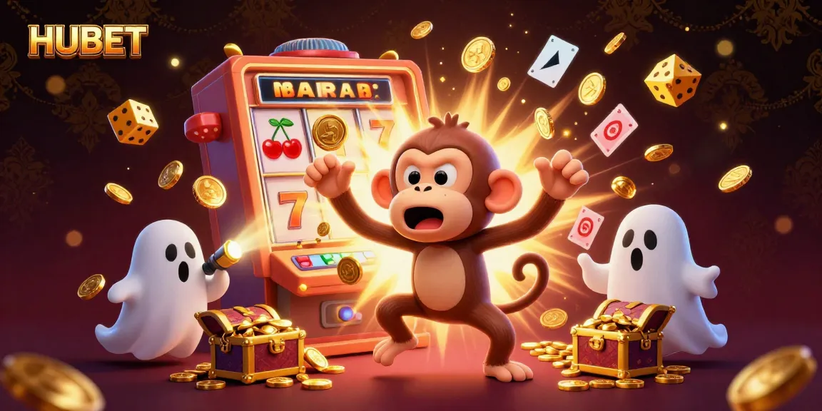 HUBET showcases an exciting 3D scene of a mischievous monkey juggling gold while a ghost-hunter puppy tracks it in a casino backdrop.